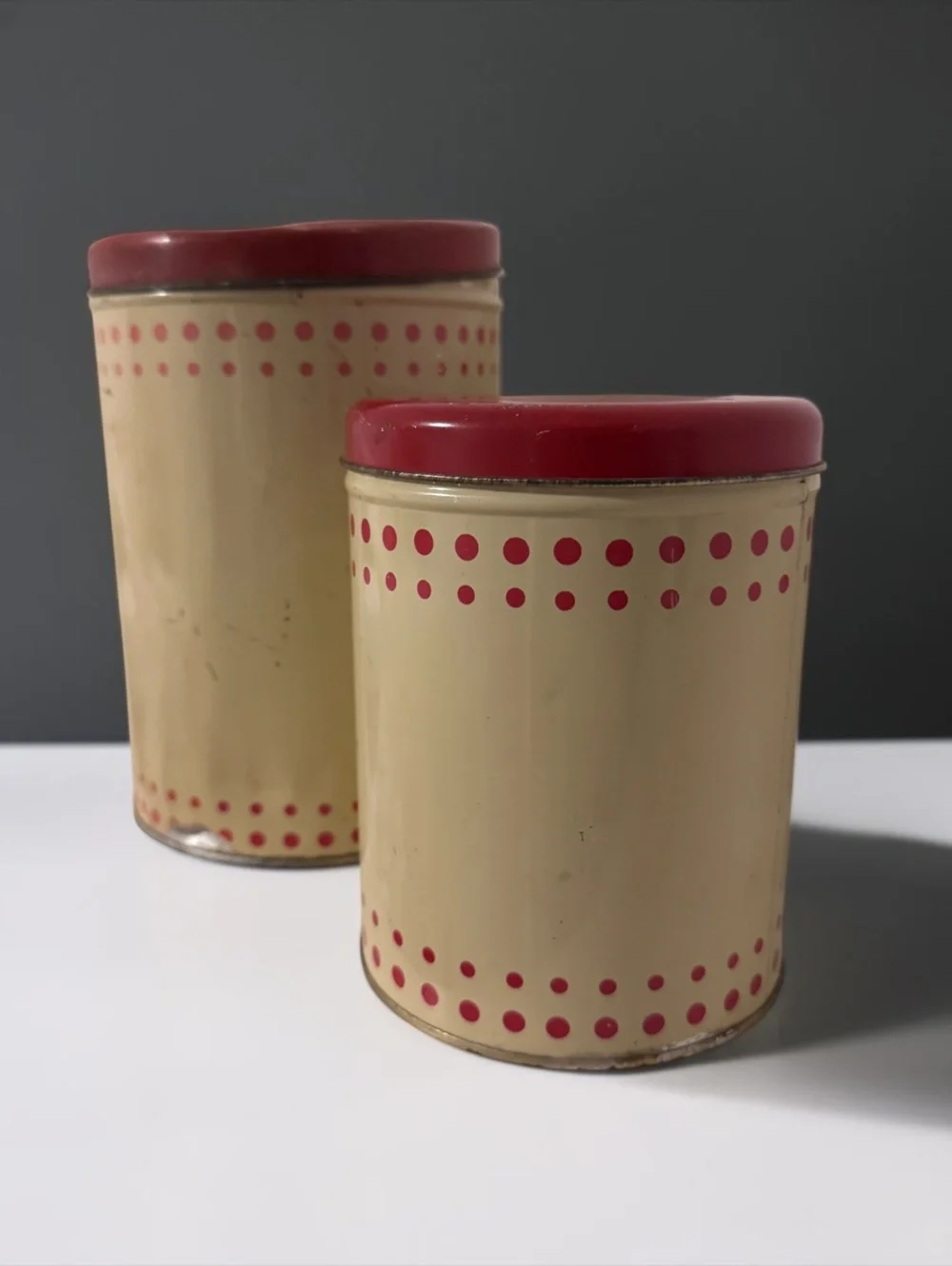 Vintage 1950s Tin Canister Set of 2 Cream Red Polka Dot Nesting Kitchen